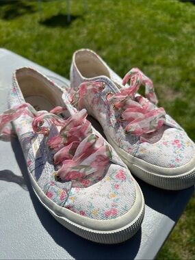 Superga x Love Shack Fancy White Canvas Sneakers with Pink Floral Accents